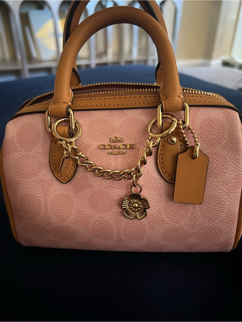 Coach Pink Mini Satchel with Tan Trim and Gold Accents